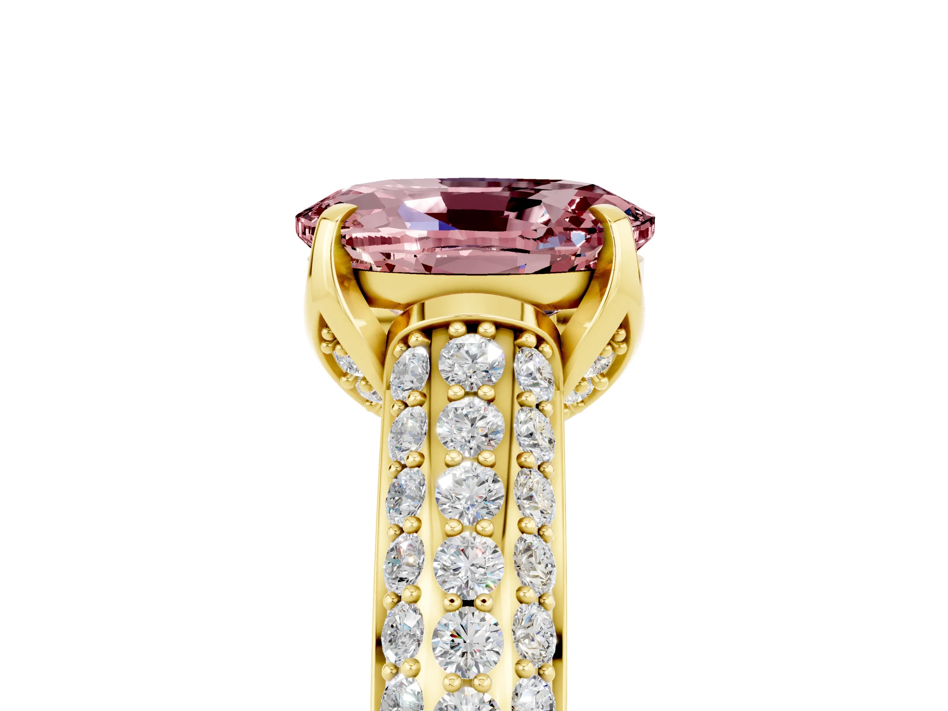 Yellow gold Oval Cut Morganite Solitaire Ring with Three-Row Pavé Band and Four-Prong Setting_17