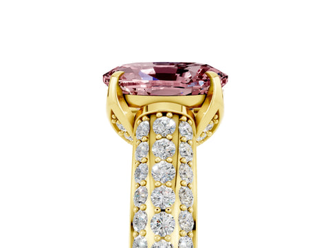 Yellow gold Oval Cut Morganite Solitaire Ring with Three-Row Pavé Band and Four-Prong Setting_17