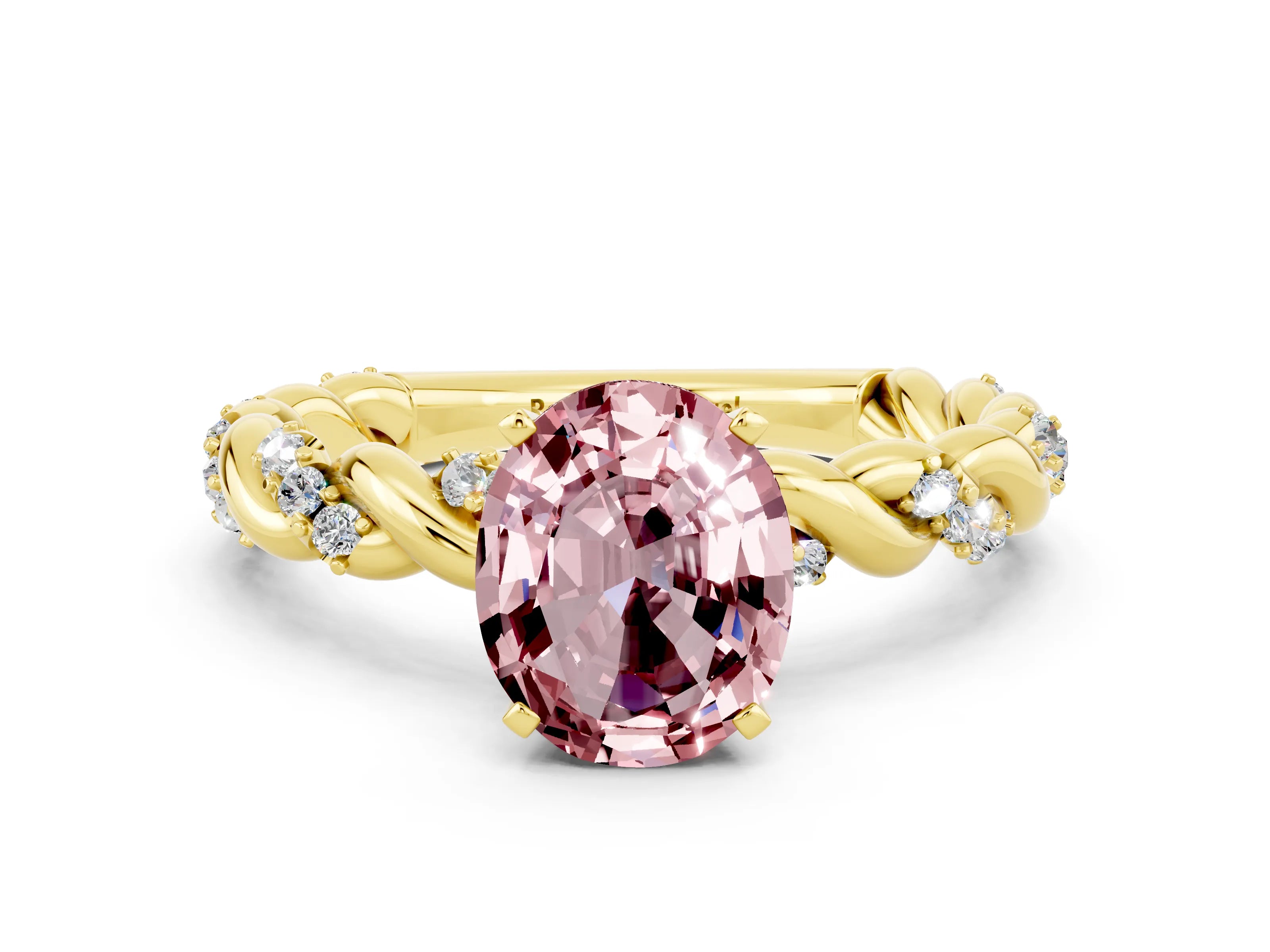 Yellow gold Oval Cut Morganite Solitaire Ring with Twisted Band and Pavé Accents