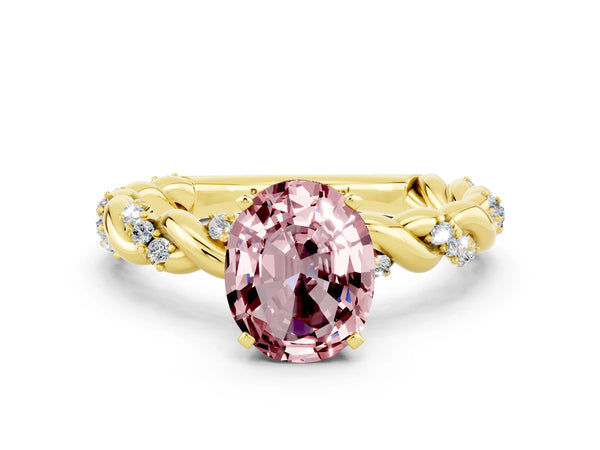 Yellow gold Oval Cut Morganite Solitaire Ring with Twisted Band and Pavé Accents
