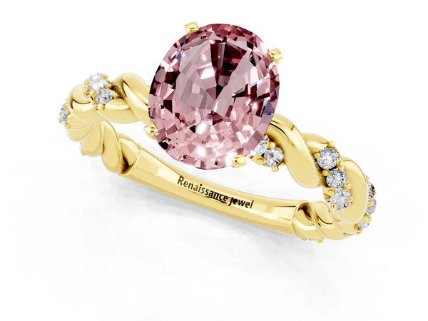Yellow gold Oval Cut Morganite Solitaire Ring with Twisted Band and Pavé Accents