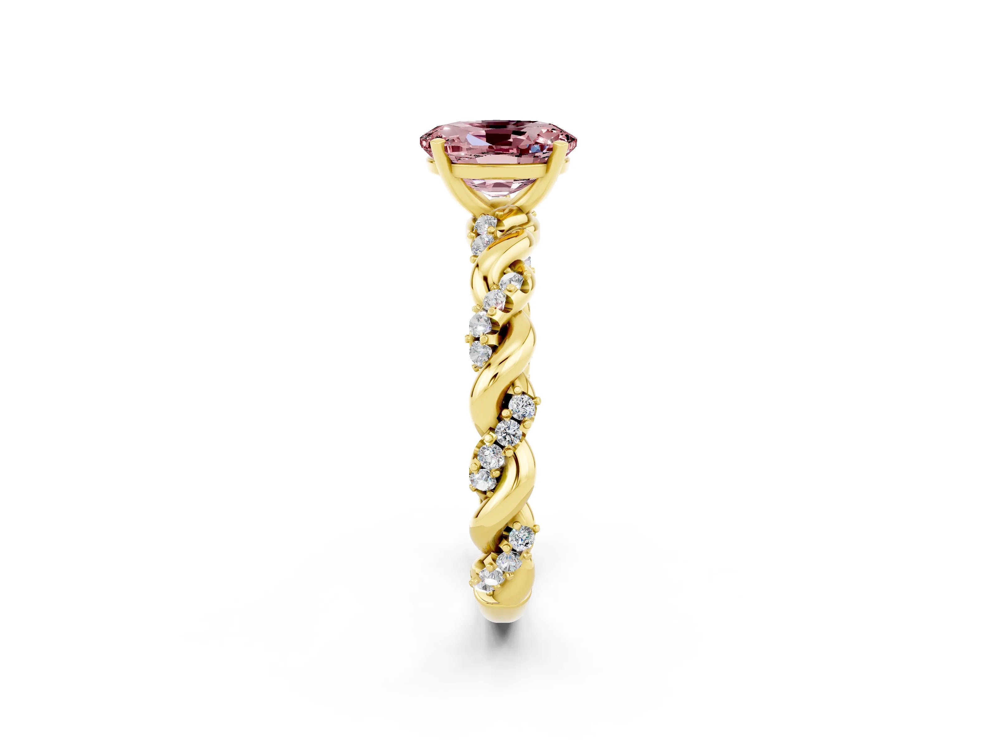 Yellow gold Oval Cut Morganite Solitaire Ring with Twisted Band and Pavé Accents_2