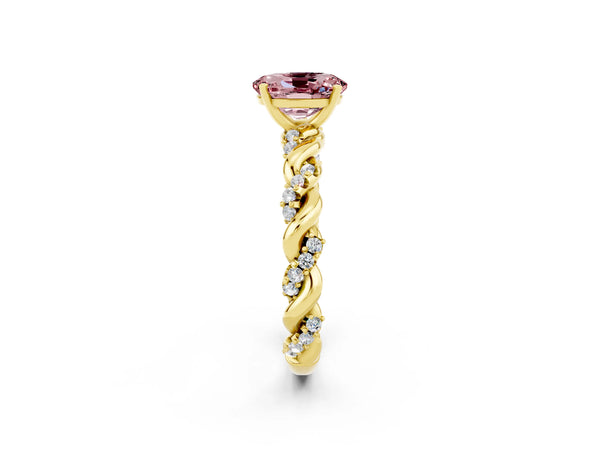 Yellow gold Oval Cut Morganite Solitaire Ring with Twisted Band and Pavé Accents