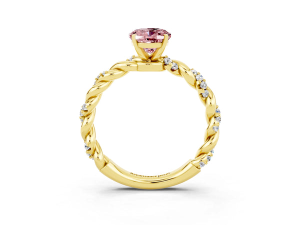 Yellow gold Oval Cut Morganite Solitaire Ring with Twisted Band and Pavé Accents