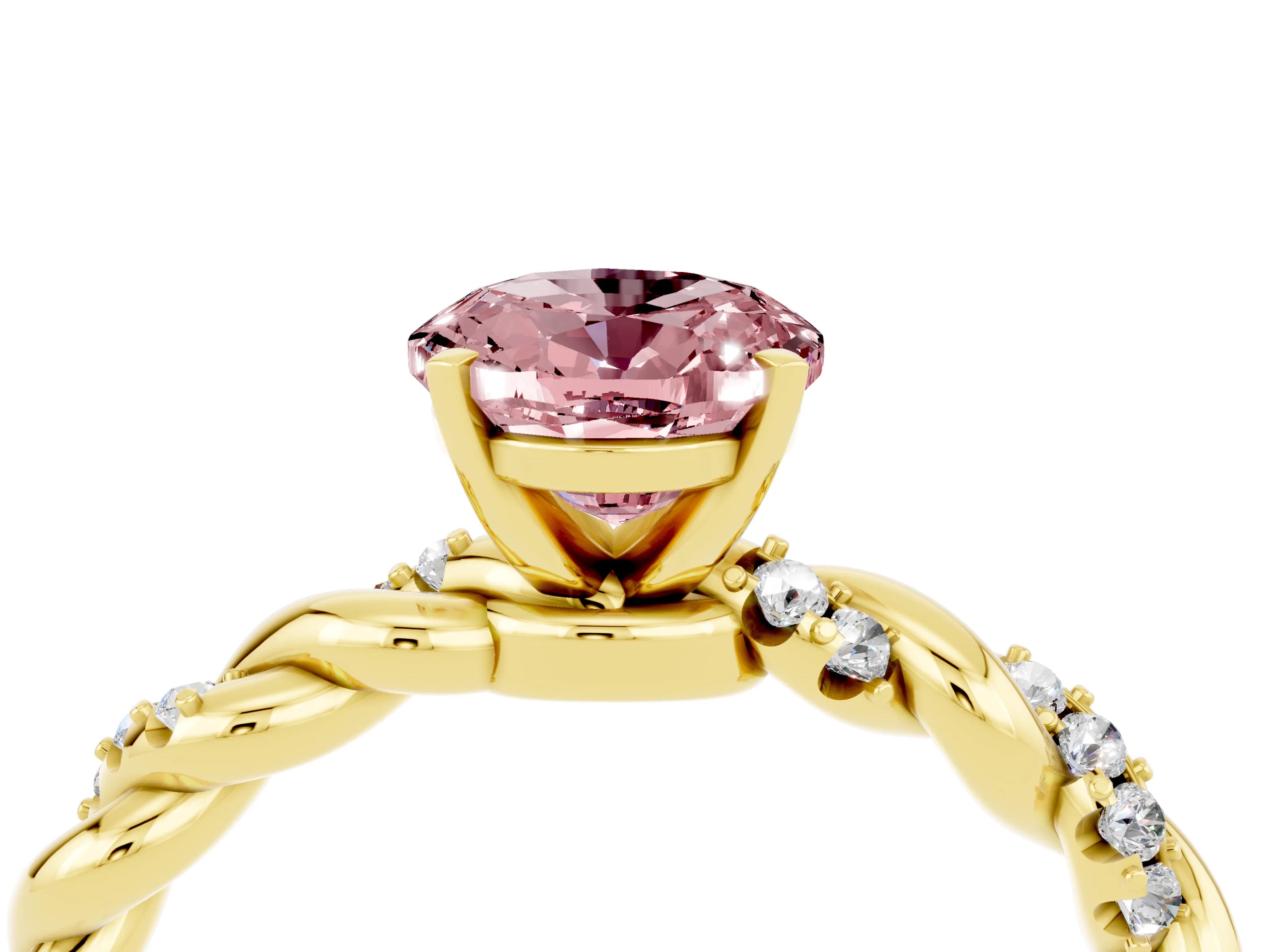 Yellow gold Oval Cut Morganite Solitaire Ring with Twisted Band and Pavé Accents_4