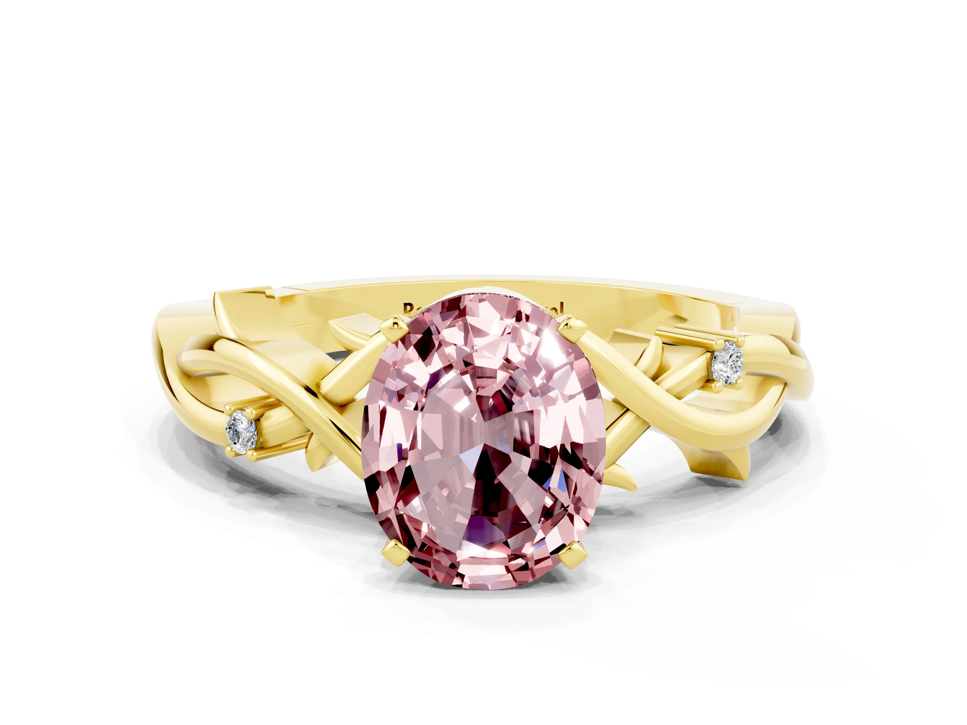 Yellow gold Oval Cut Morganite Solitaire Ring with Twisted Band and Prong Setting