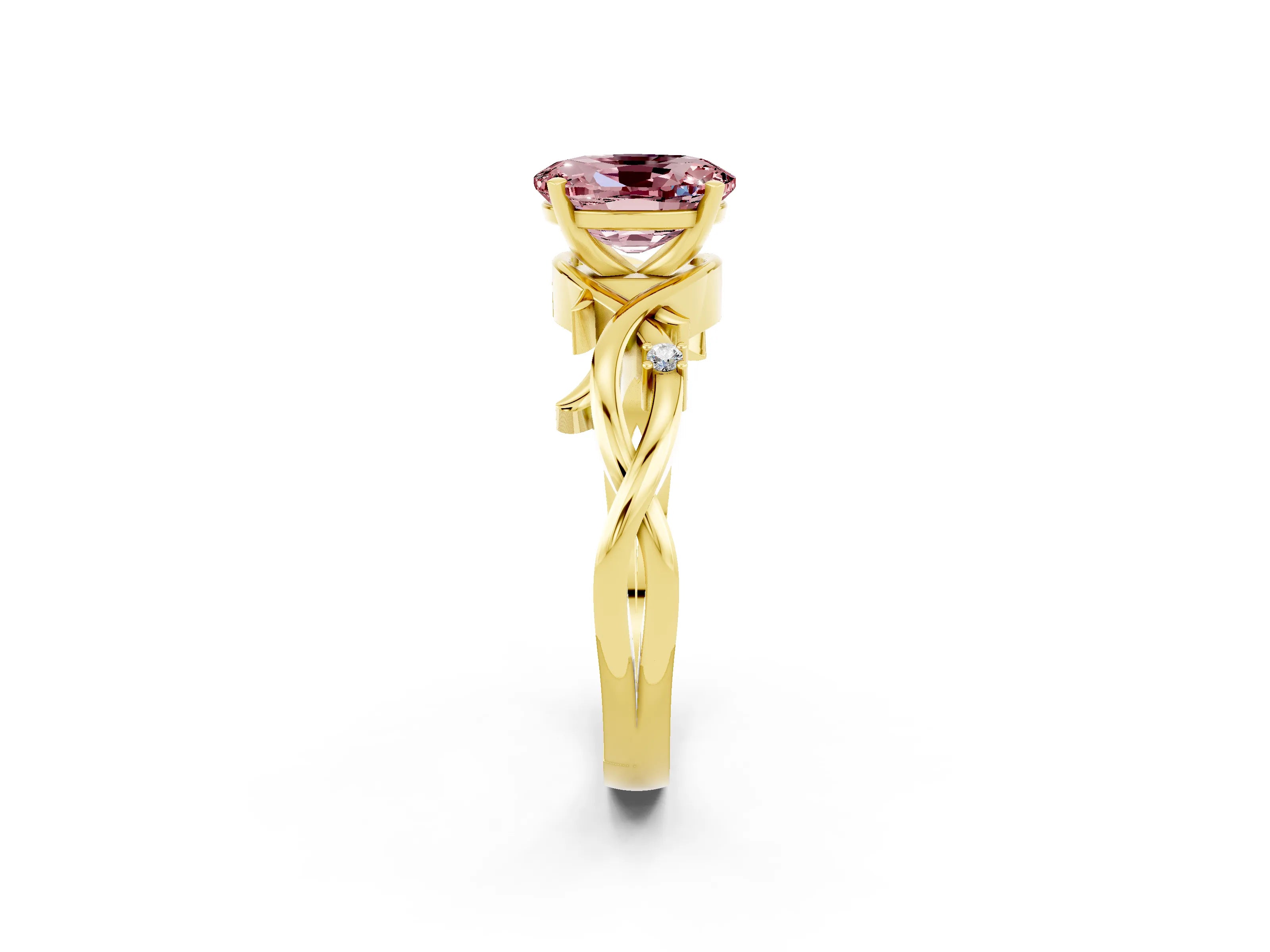 Yellow gold Oval Cut Morganite Solitaire Ring with Twisted Band and Prong Setting_2