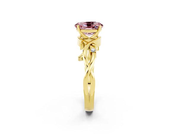 Yellow gold Oval Cut Morganite Solitaire Ring with Twisted Band and Prong Setting