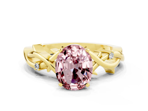 Yellow gold Oval Cut Morganite Solitaire Ring with Twisted Band and Prong Setting