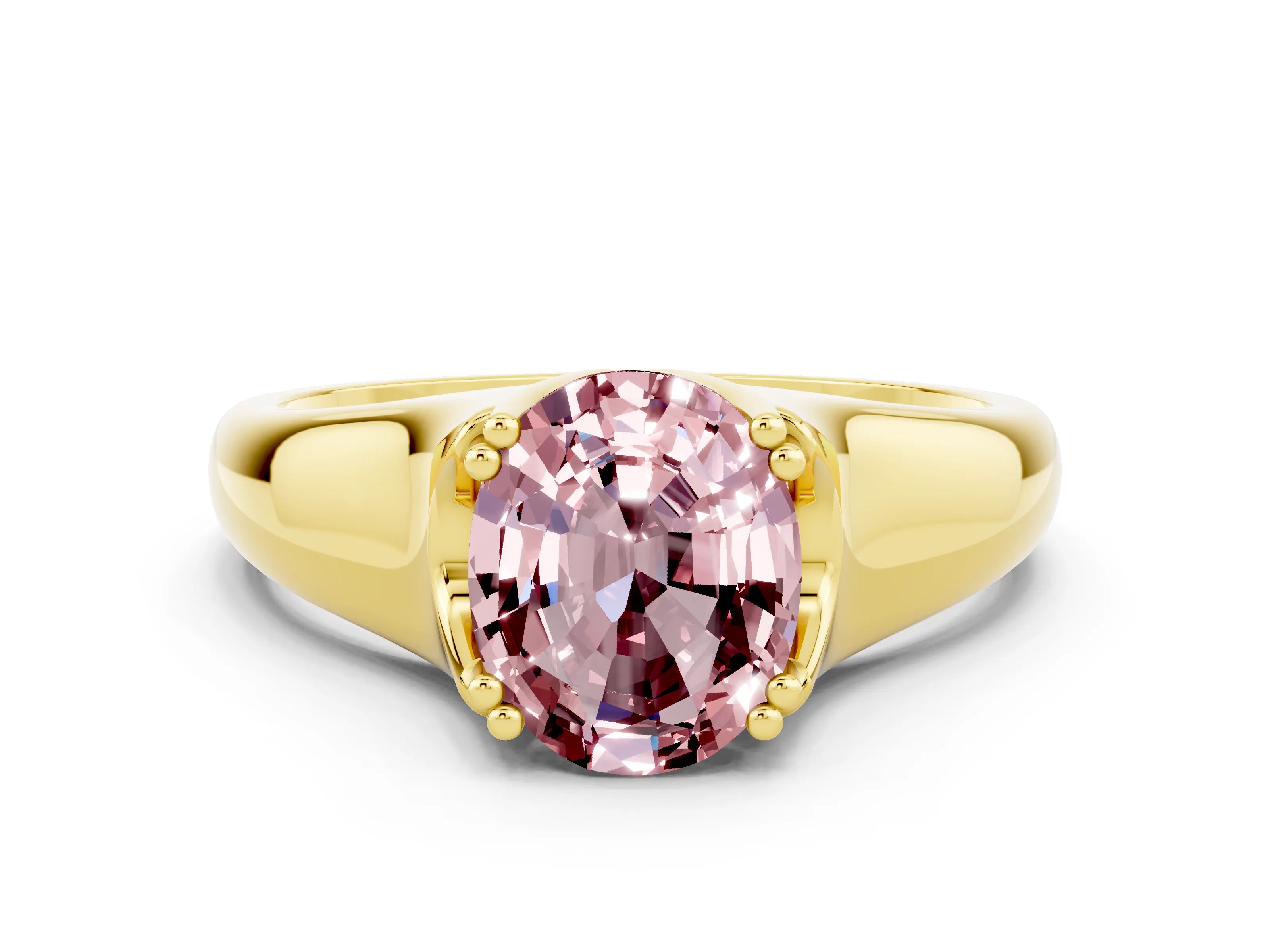 Yellow gold Oval Cut Morganite Solitaire Ring with Wide Band and Prong Setting