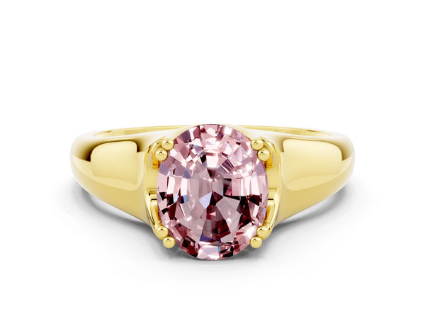 Yellow gold Oval Cut Morganite Solitaire Ring with Wide Band and Prong Setting