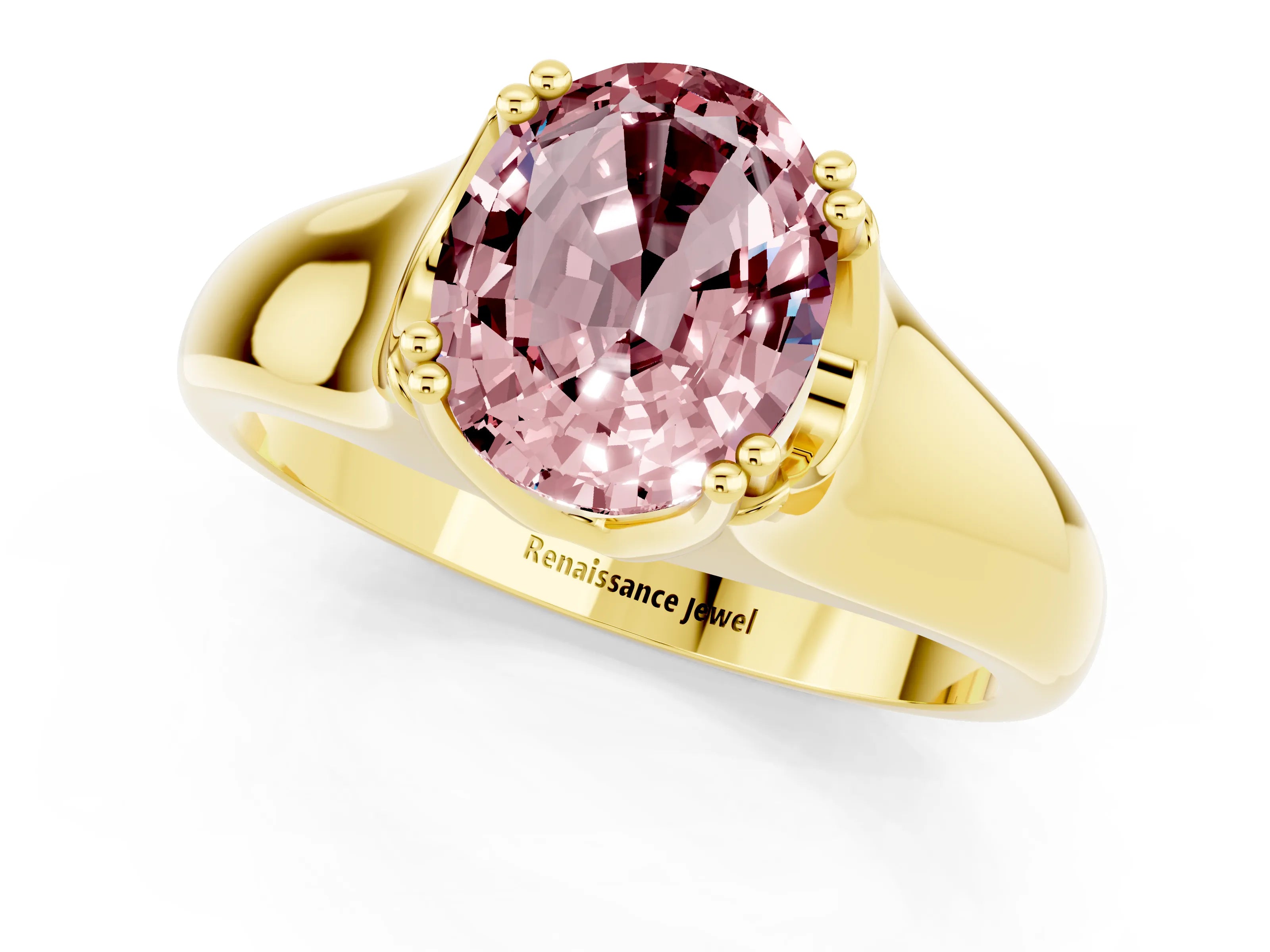 Yellow gold Oval Cut Morganite Solitaire Ring with Wide Band and Prong Setting_1
