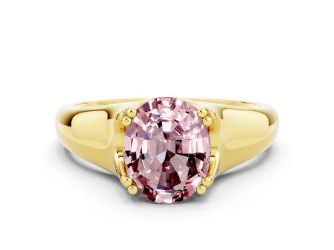 Yellow gold Oval Cut Morganite Solitaire Ring with Wide Band and Prong Setting