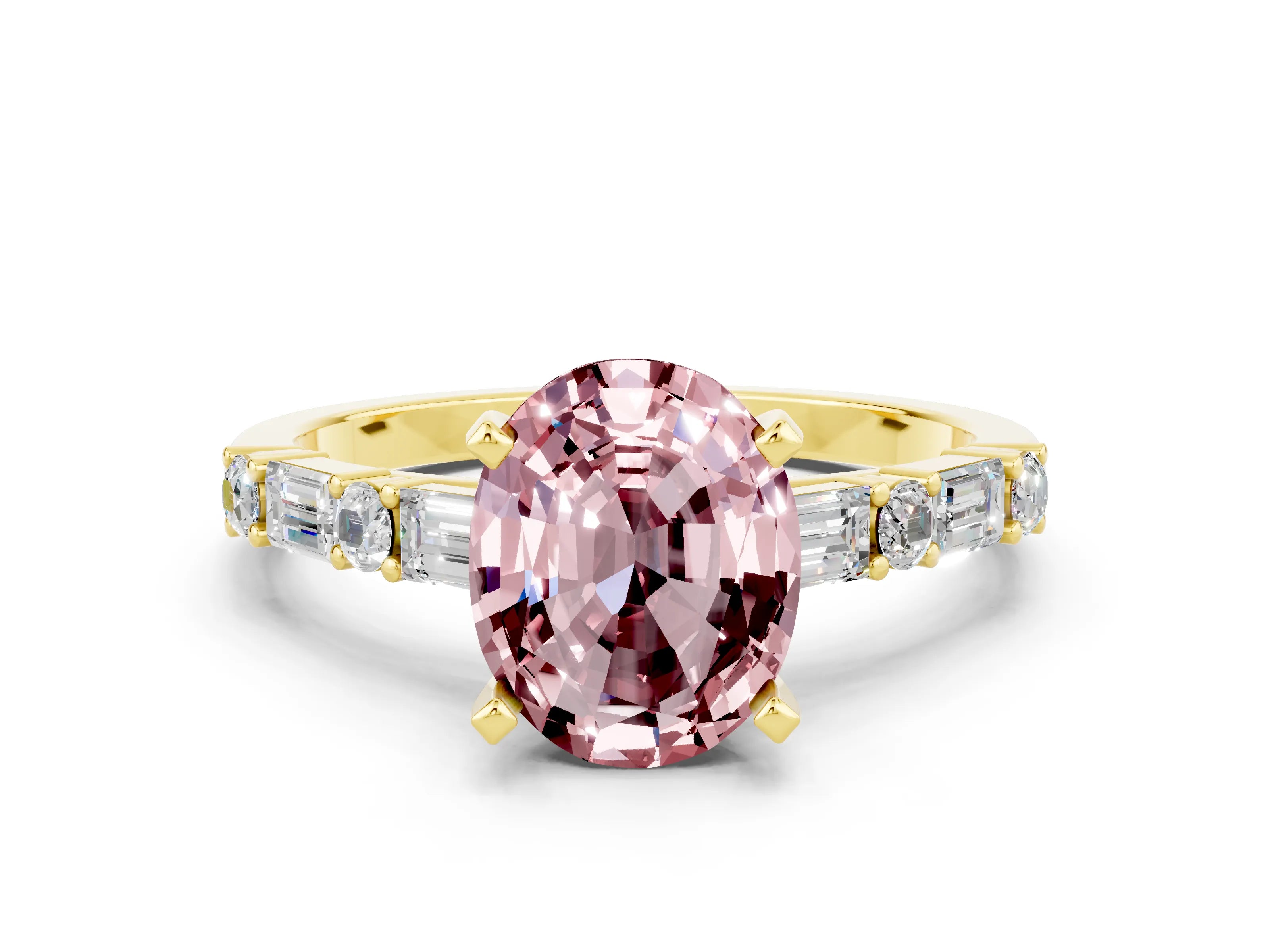Yellow gold Oval Cut Morganite Solitaire with Side Baguettes and Channel Set Band