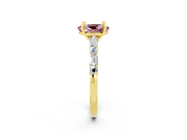 Yellow gold Oval Cut Morganite Solitaire with Side Baguettes and Channel Set Band