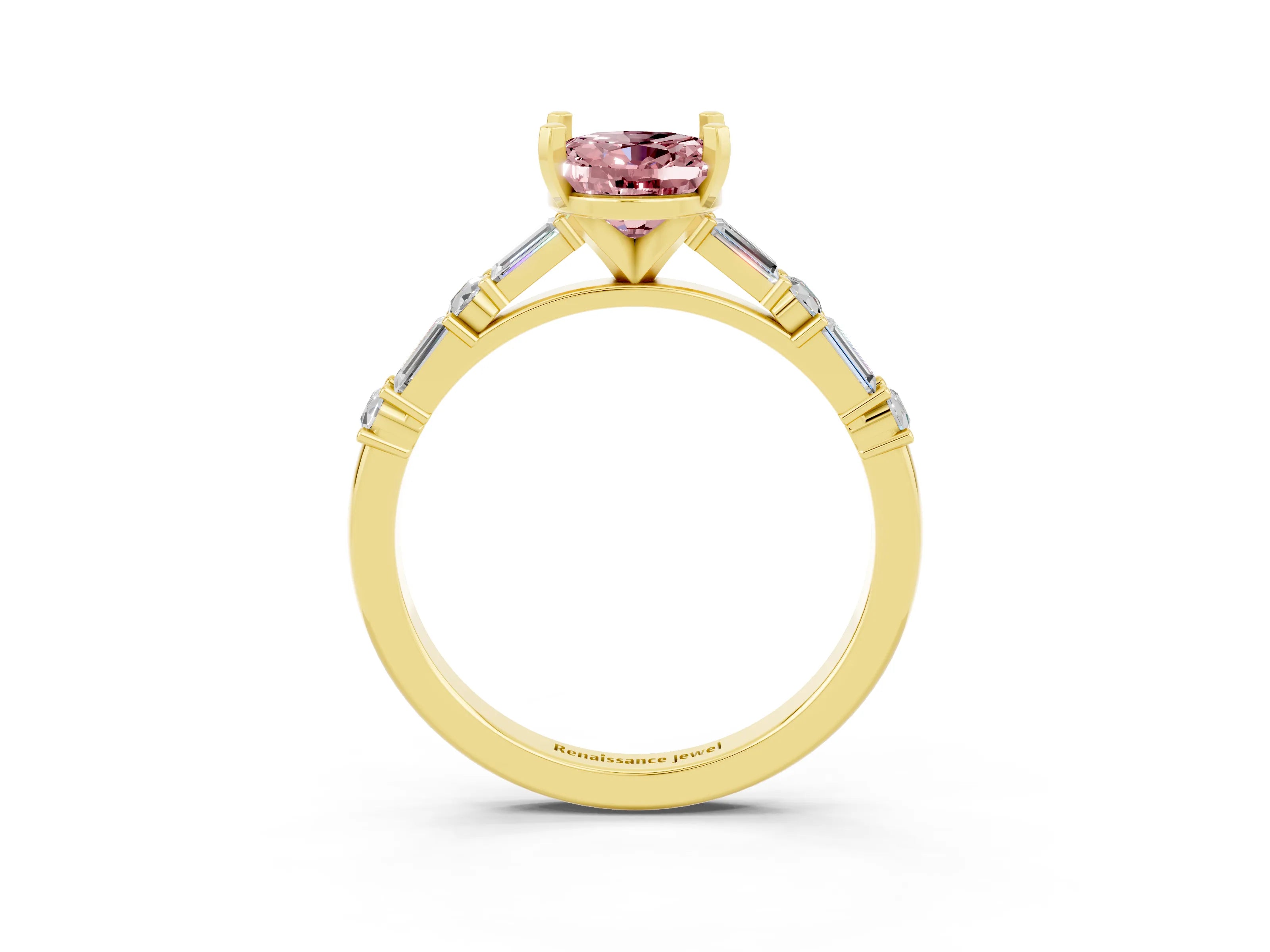 Yellow gold Oval Cut Morganite Solitaire with Side Baguettes and Channel Set Band_3