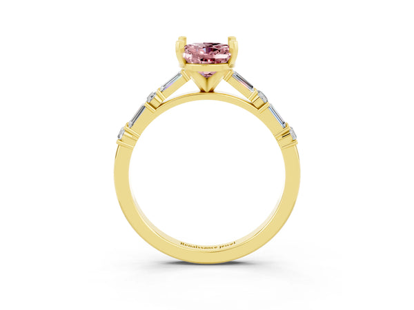 Yellow gold Oval Cut Morganite Solitaire with Side Baguettes and Channel Set Band