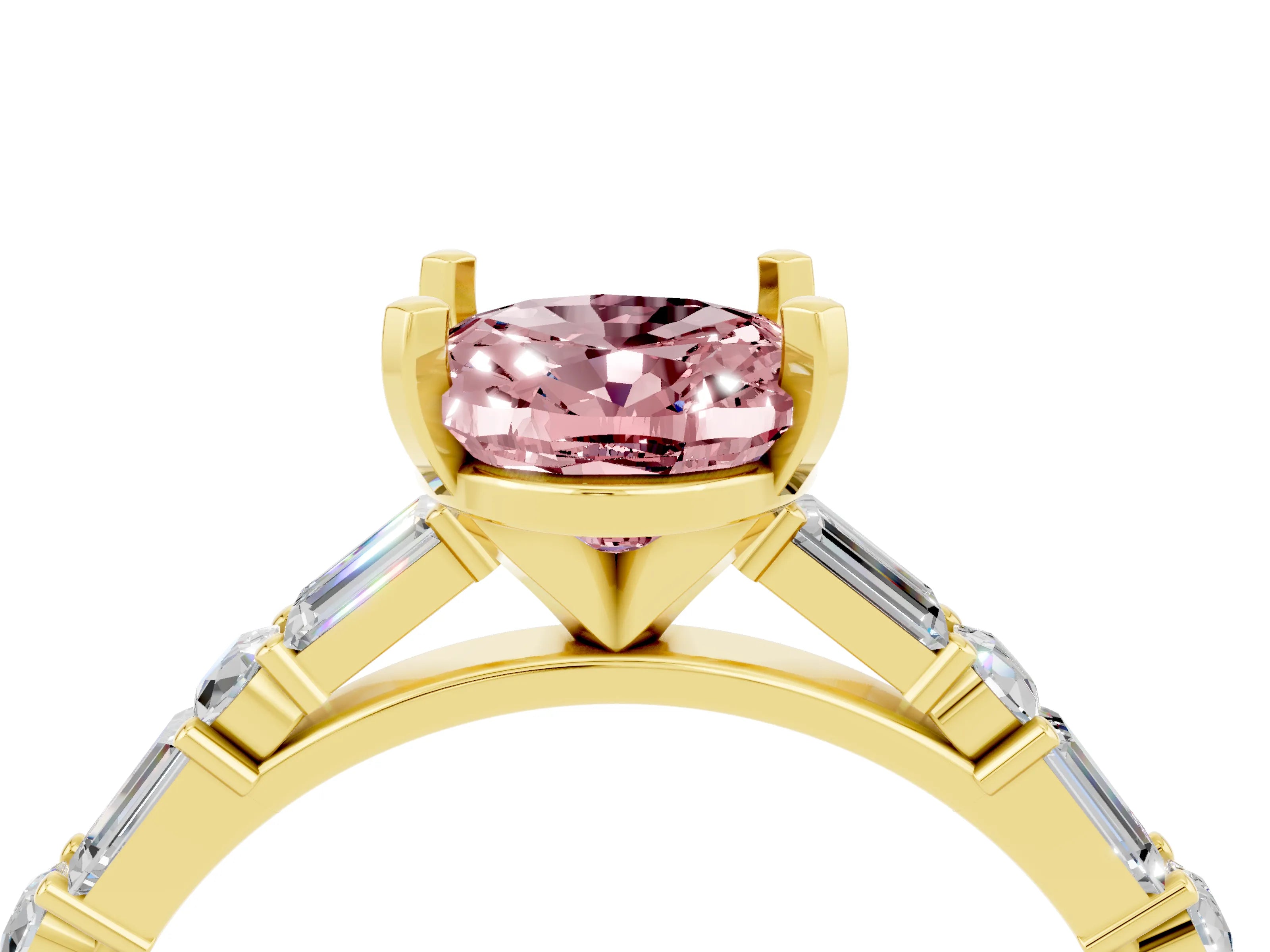 Yellow gold Oval Cut Morganite Solitaire with Side Baguettes and Channel Set Band_4