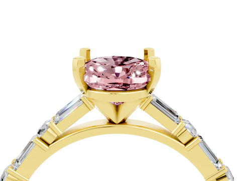 Yellow gold Oval Cut Morganite Solitaire with Side Baguettes and Channel Set Band_4