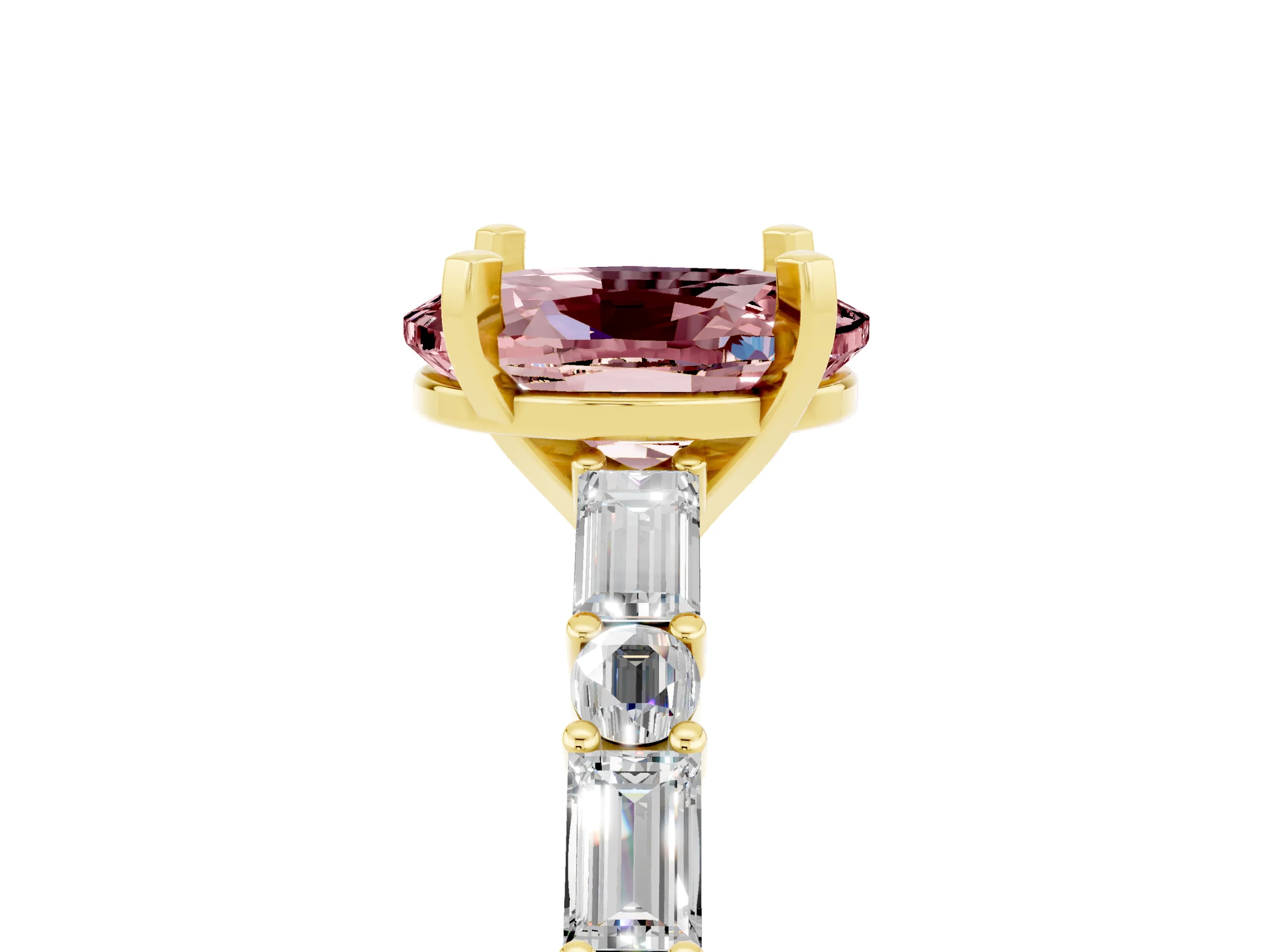 Yellow gold Oval Cut Morganite Solitaire with Side Baguettes and Channel Set Band_5