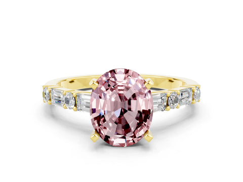 Yellow gold Oval Cut Morganite Solitaire with Side Baguettes and Channel Set Band