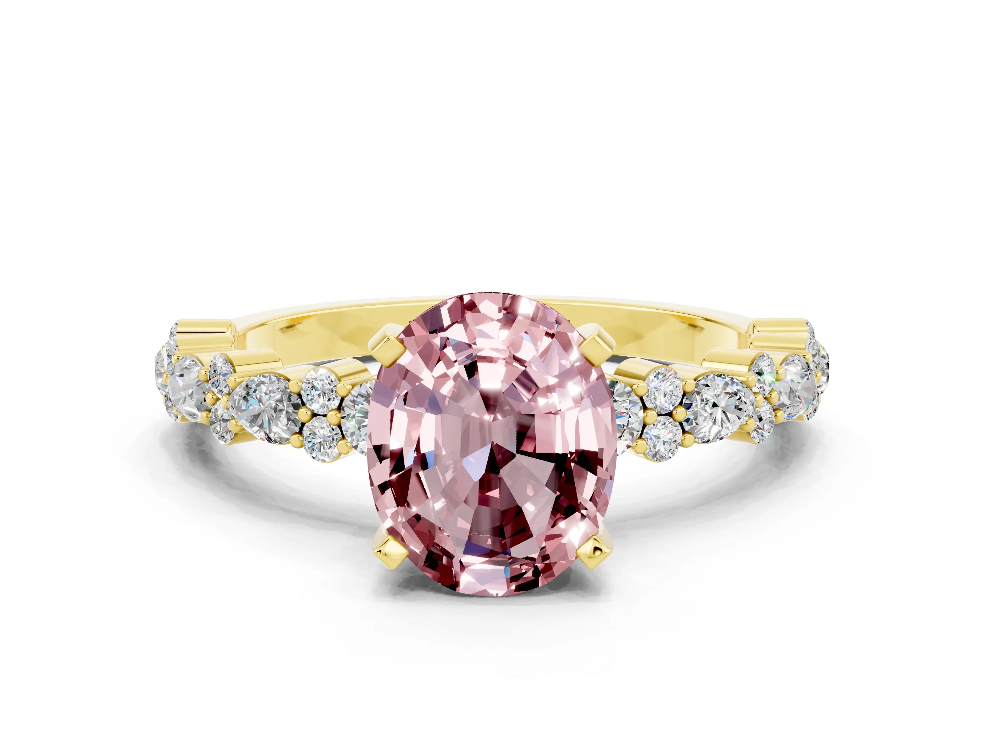 Yellow gold Oval Cut Morganite Solitaire with Side Stones, Pave Band, Four-Prong Setting_36