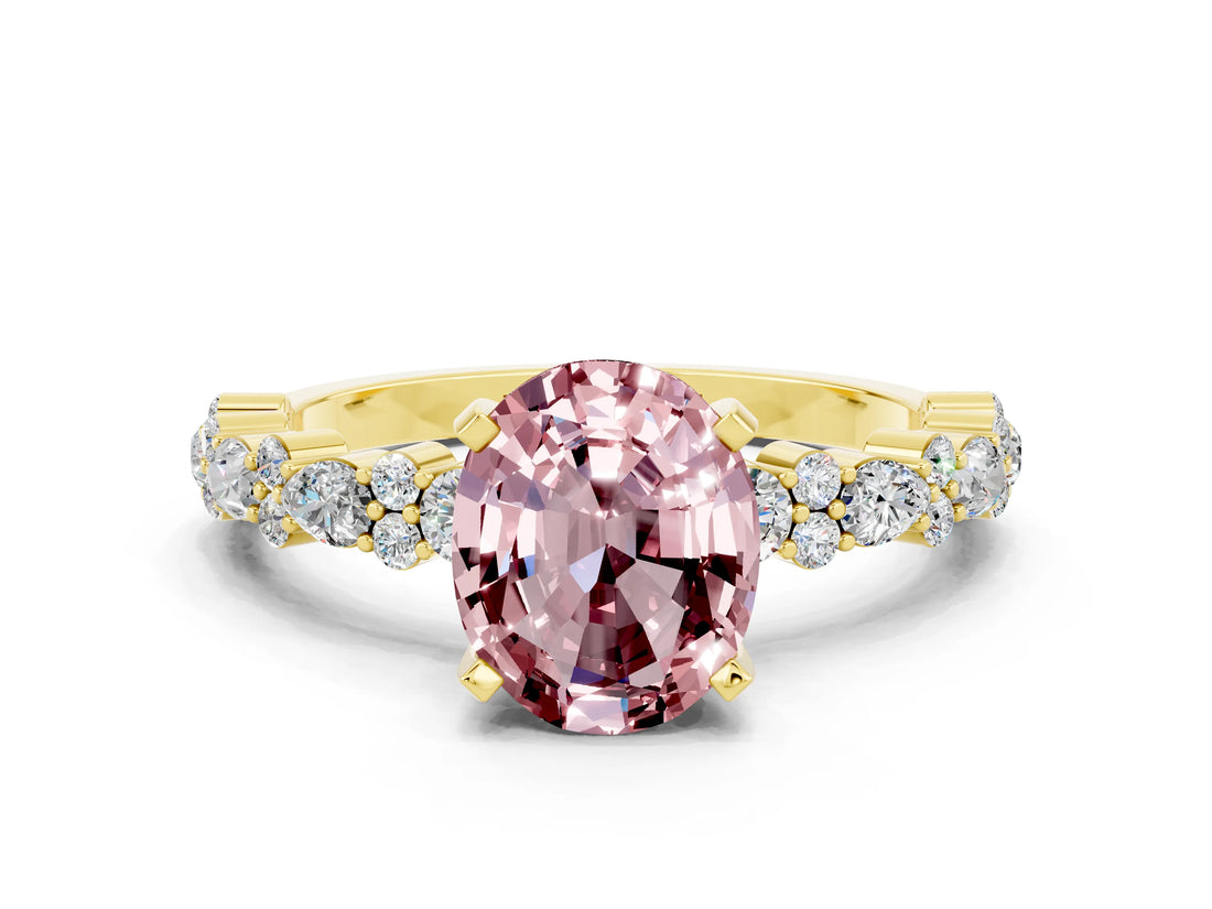 Yellow gold Oval Cut Morganite Solitaire with Side Stones, Pave Band, Four-Prong Setting_36
