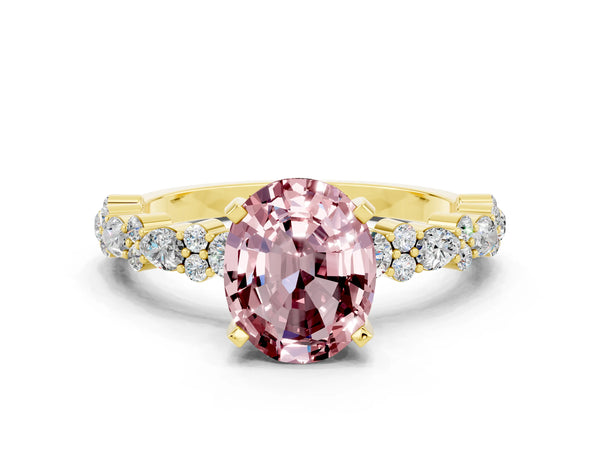 Yellow gold Oval Cut Morganite Side Stone Solitaire Ring with Round  and Four-Prong Setting