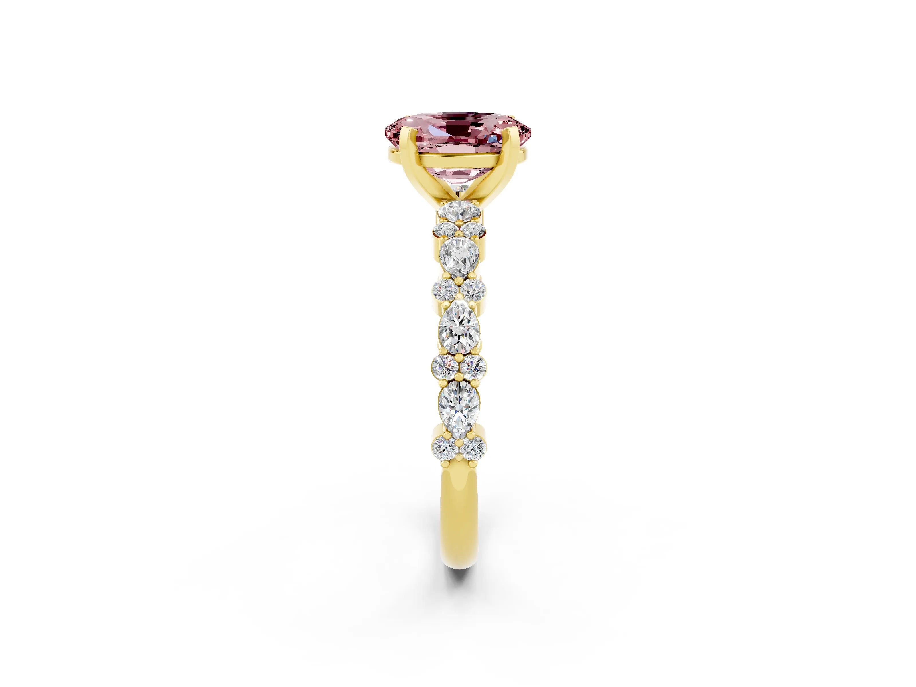 Yellow gold Oval Cut Morganite Solitaire with Side Stones, Pave Band, Four-Prong Setting_38