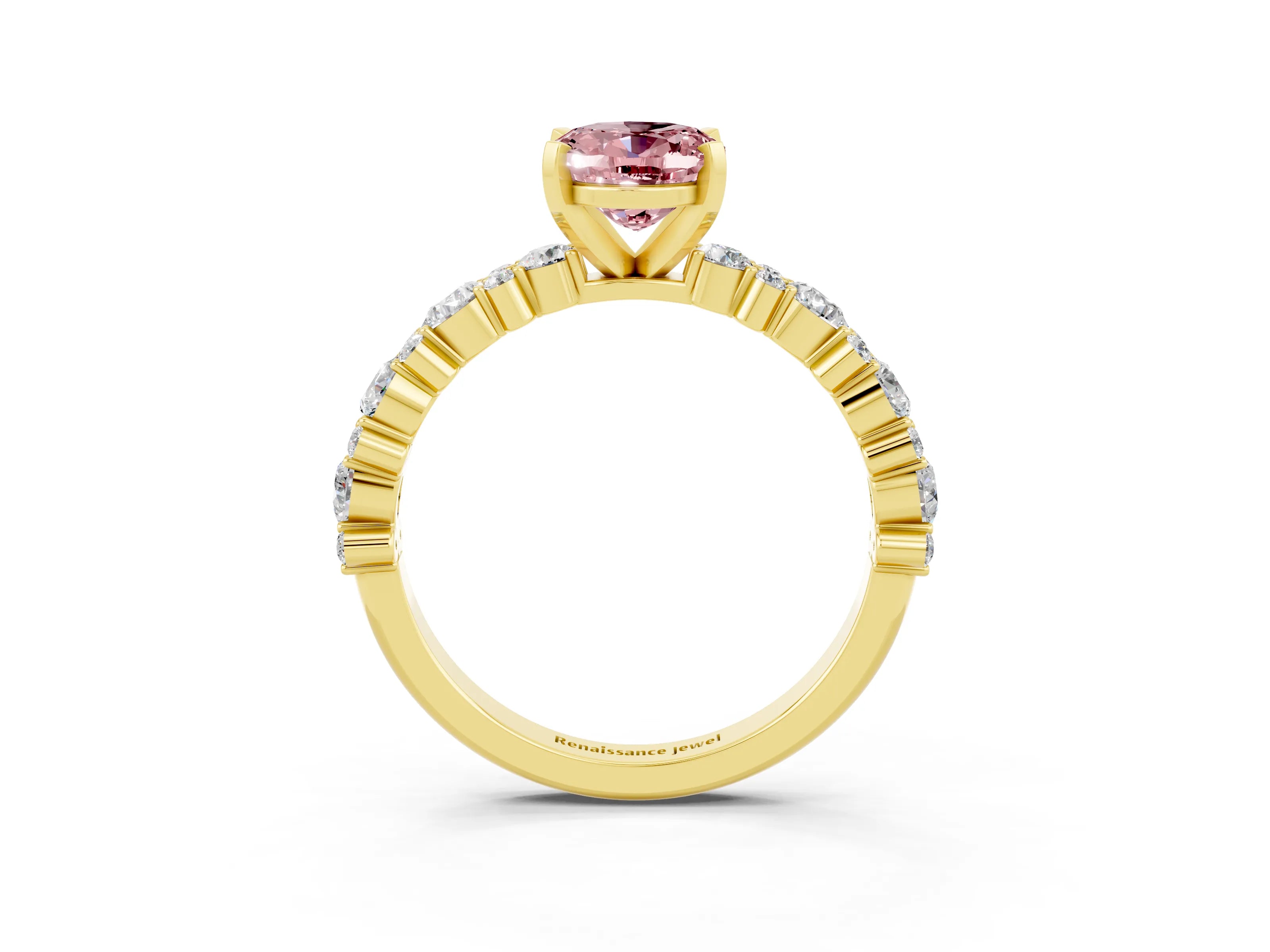 Yellow gold Oval Cut Morganite Solitaire with Side Stones, Pave Band, Four-Prong Setting_39