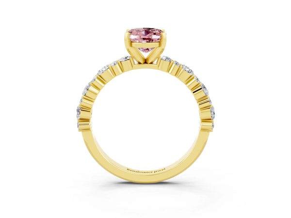 Yellow gold Oval Cut Morganite Side Stone Solitaire Ring with Round  and Four-Prong Setting