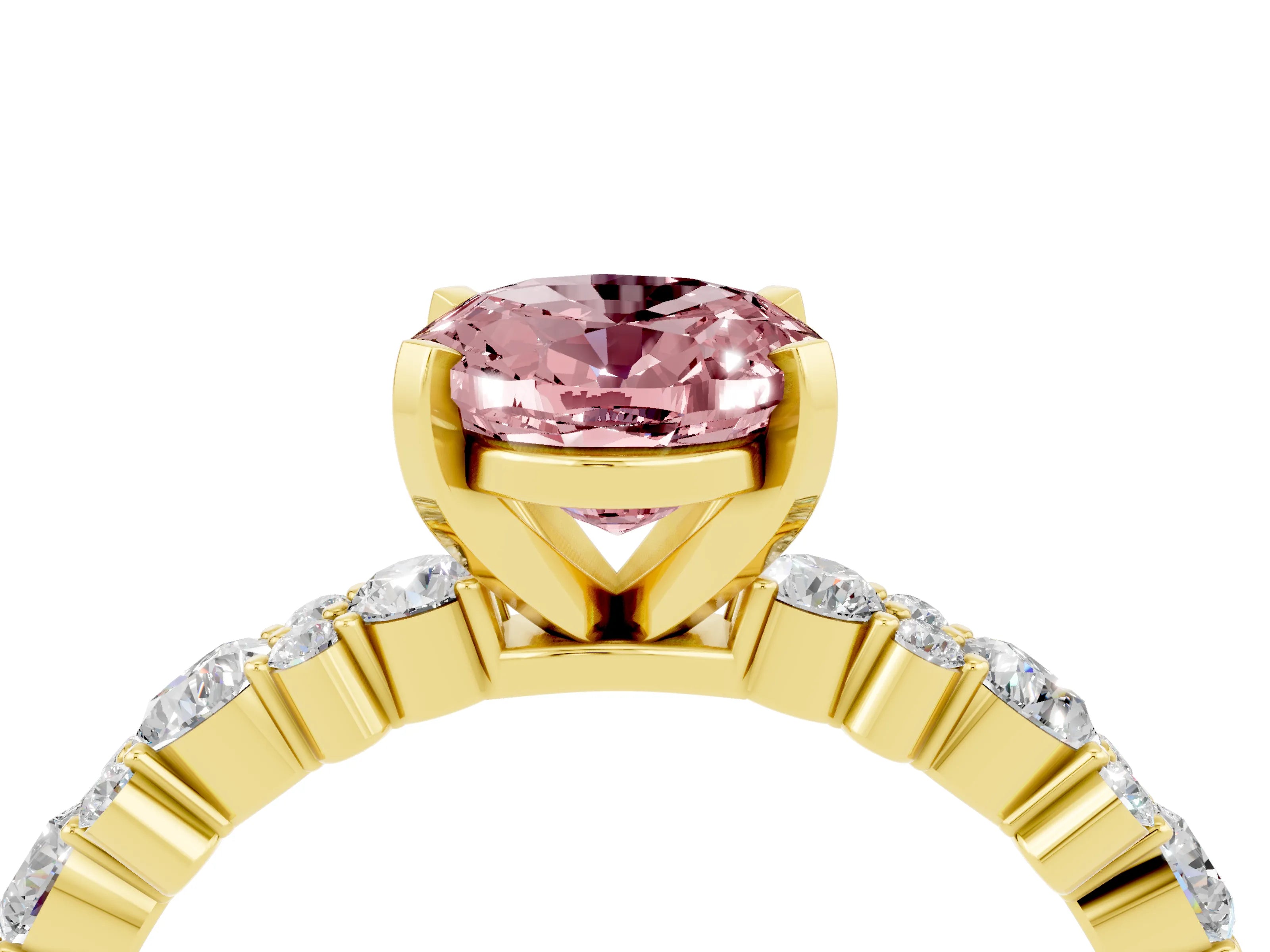 Yellow gold Oval Cut Morganite Solitaire with Side Stones, Pave Band, Four-Prong Setting_40