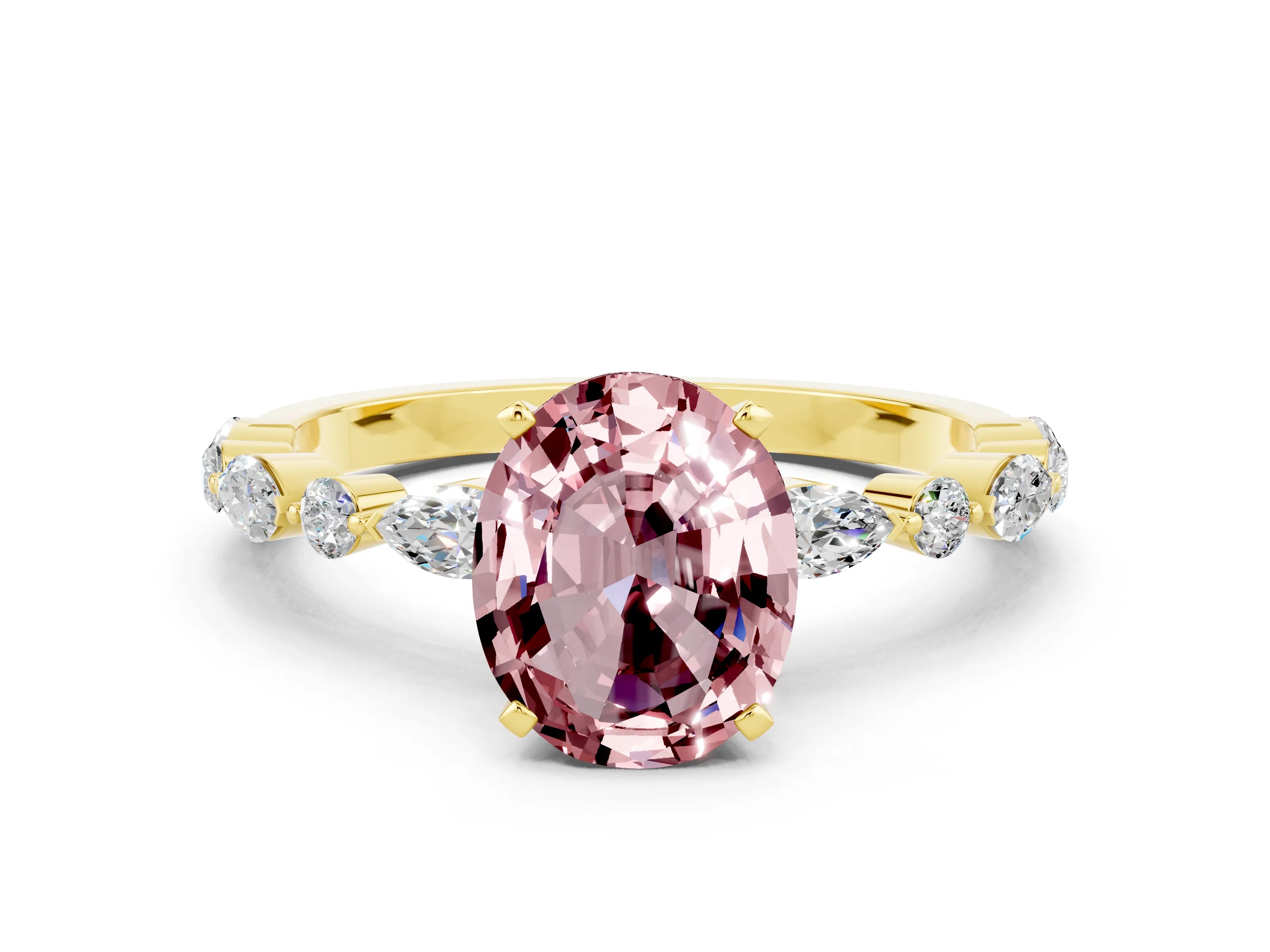 Yellow gold Oval Cut Morganite Solitaire with Side Stones on a Pavé Band and Four-Prong Setting