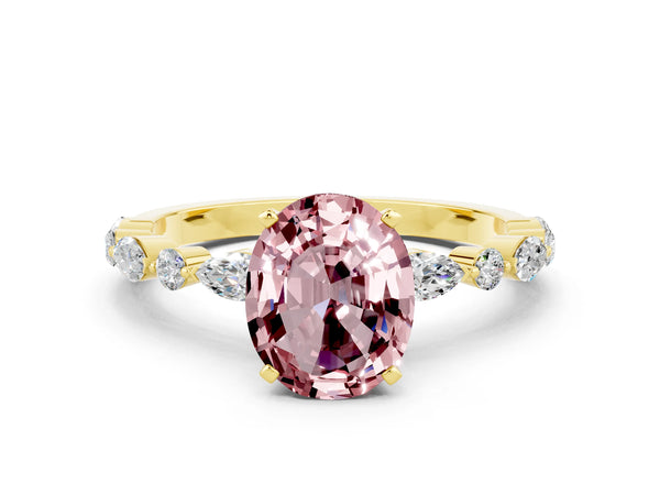 Yellow gold Oval Cut Morganite Ring with Marquise and Round  Side Stones and Four-Prong Setting