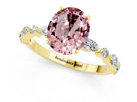Yellow gold Oval Cut Morganite Solitaire with Side Stones on a Pavé Band and Four-Prong Setting_1