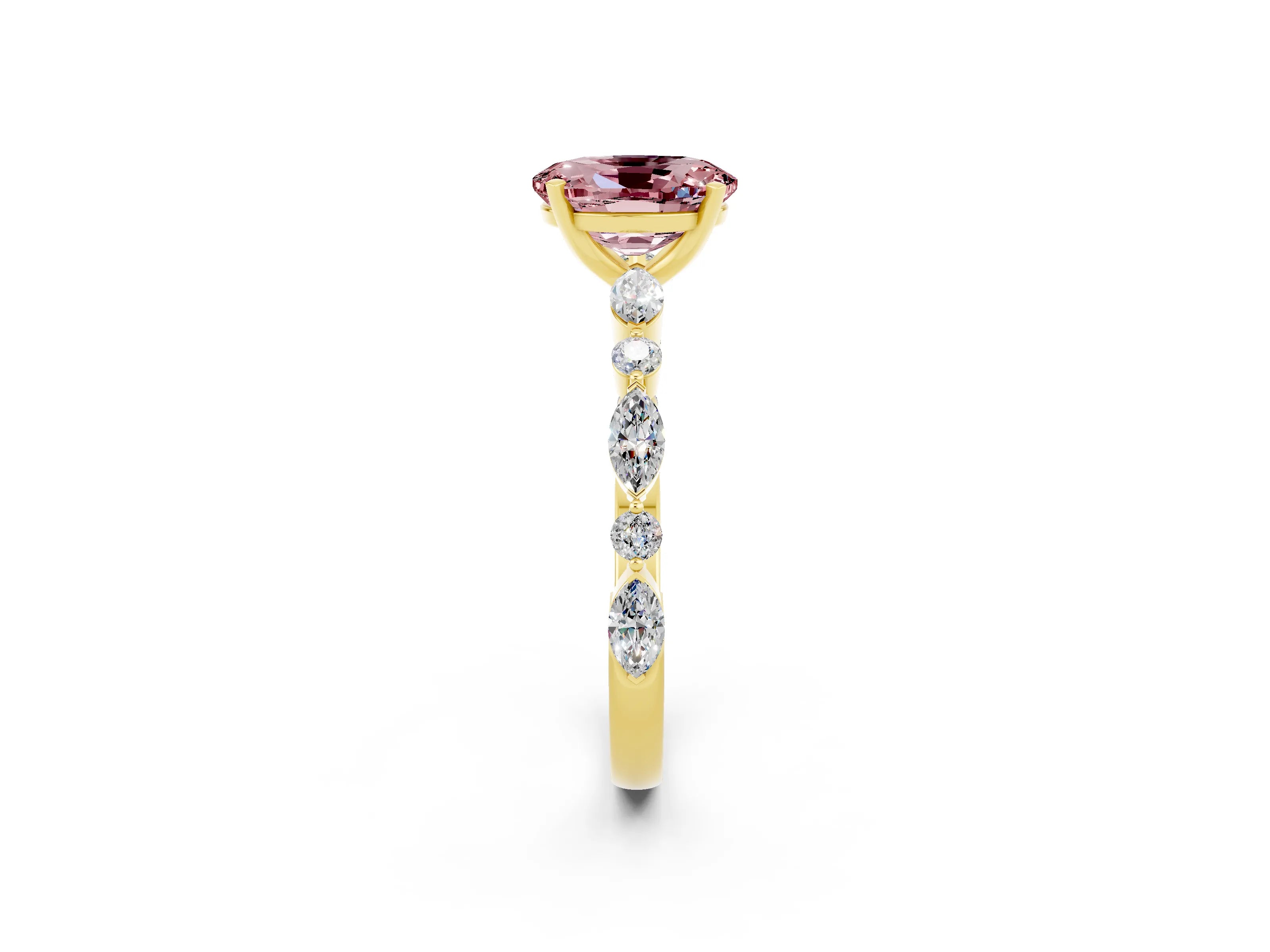 Yellow gold Oval Cut Morganite Solitaire with Side Stones on a Pavé Band and Four-Prong Setting_2