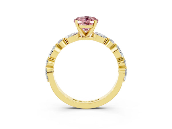 Yellow gold Oval Cut Morganite Ring with Marquise and Round  Side Stones and Four-Prong Setting