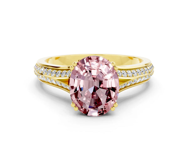 Yellow gold Oval Cut Morganite Split Shank Engagement Ring with Pavé Band