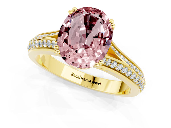 Yellow gold Oval Cut Morganite Split Shank Engagement Ring with Pavé Band