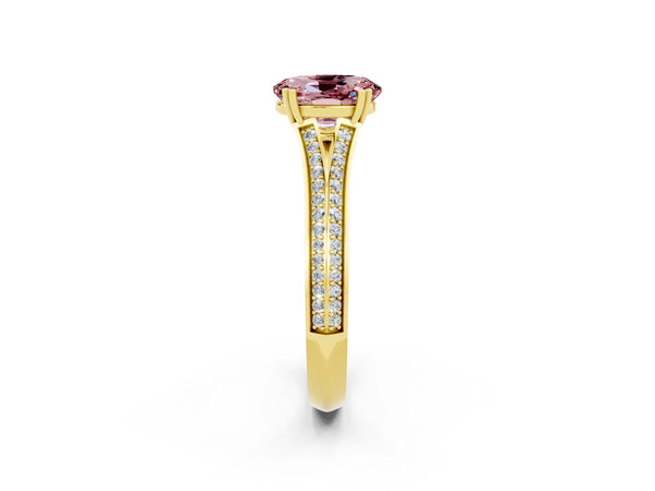 Yellow gold Oval Cut Morganite Split Shank Engagement Ring with Pavé Band