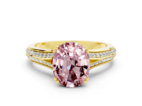 Yellow gold Oval Cut Morganite Split Shank Engagement Ring with Pavé Band