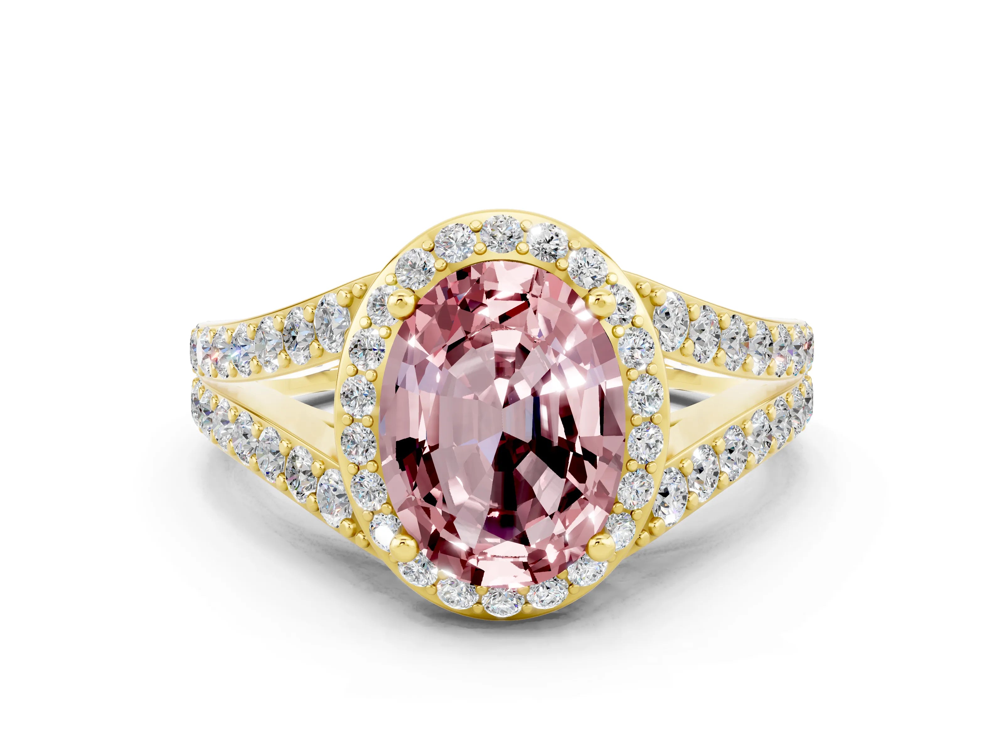 Yellow gold Oval Cut Morganite Split Shank Halo Ring with Four-Prong Setting_12