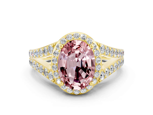 Yellow gold Oval Cut Morganite Split Shank Halo Ring with Four-Prong Setting