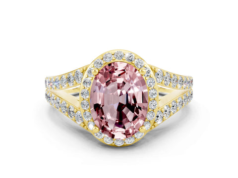 Yellow gold Oval Cut Morganite Split Shank Halo Ring with Four-Prong Setting_12