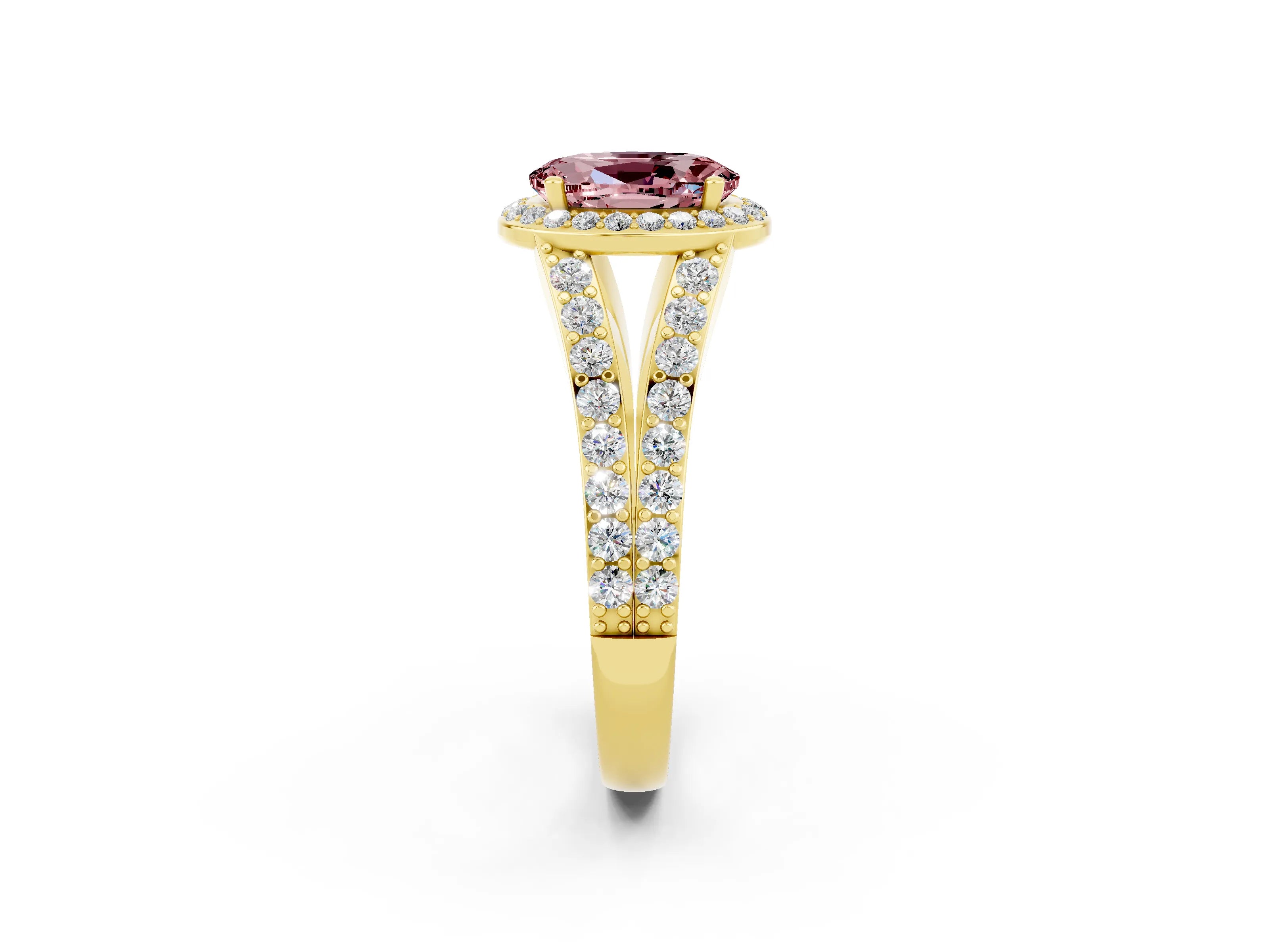 Yellow gold Oval Cut Morganite Split Shank Halo Ring with Four-Prong Setting_14