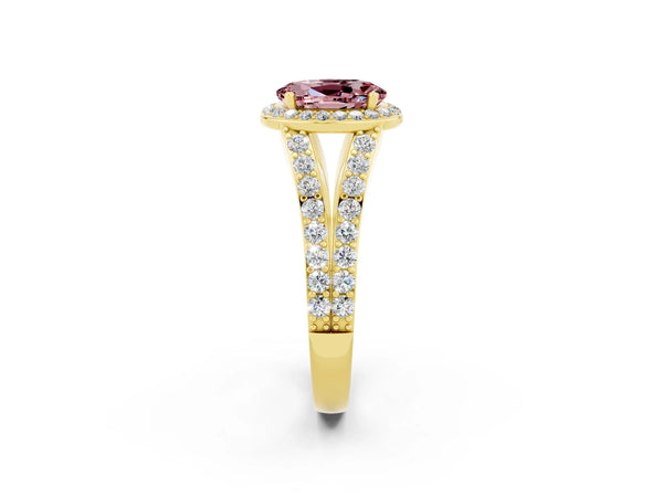 Yellow gold Oval Cut Morganite Split Shank Halo Ring with Four-Prong Setting