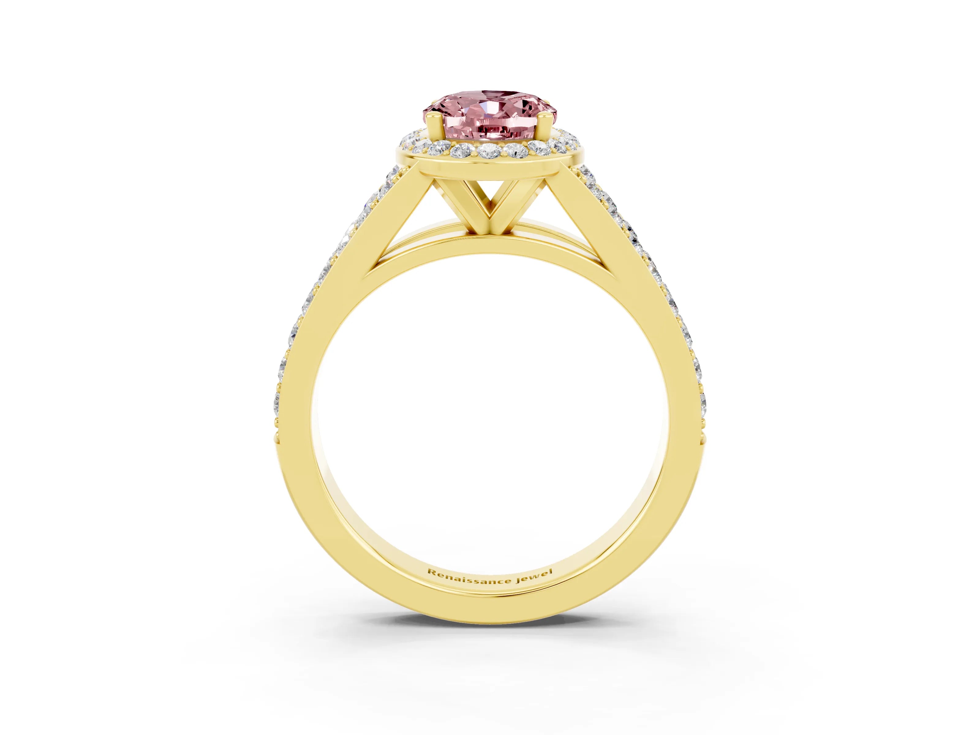 Yellow gold Oval Cut Morganite Split Shank Halo Ring with Four-Prong Setting_15