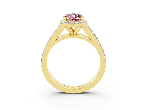 Yellow gold Oval Cut Morganite Split Shank Halo Ring with Four-Prong Setting