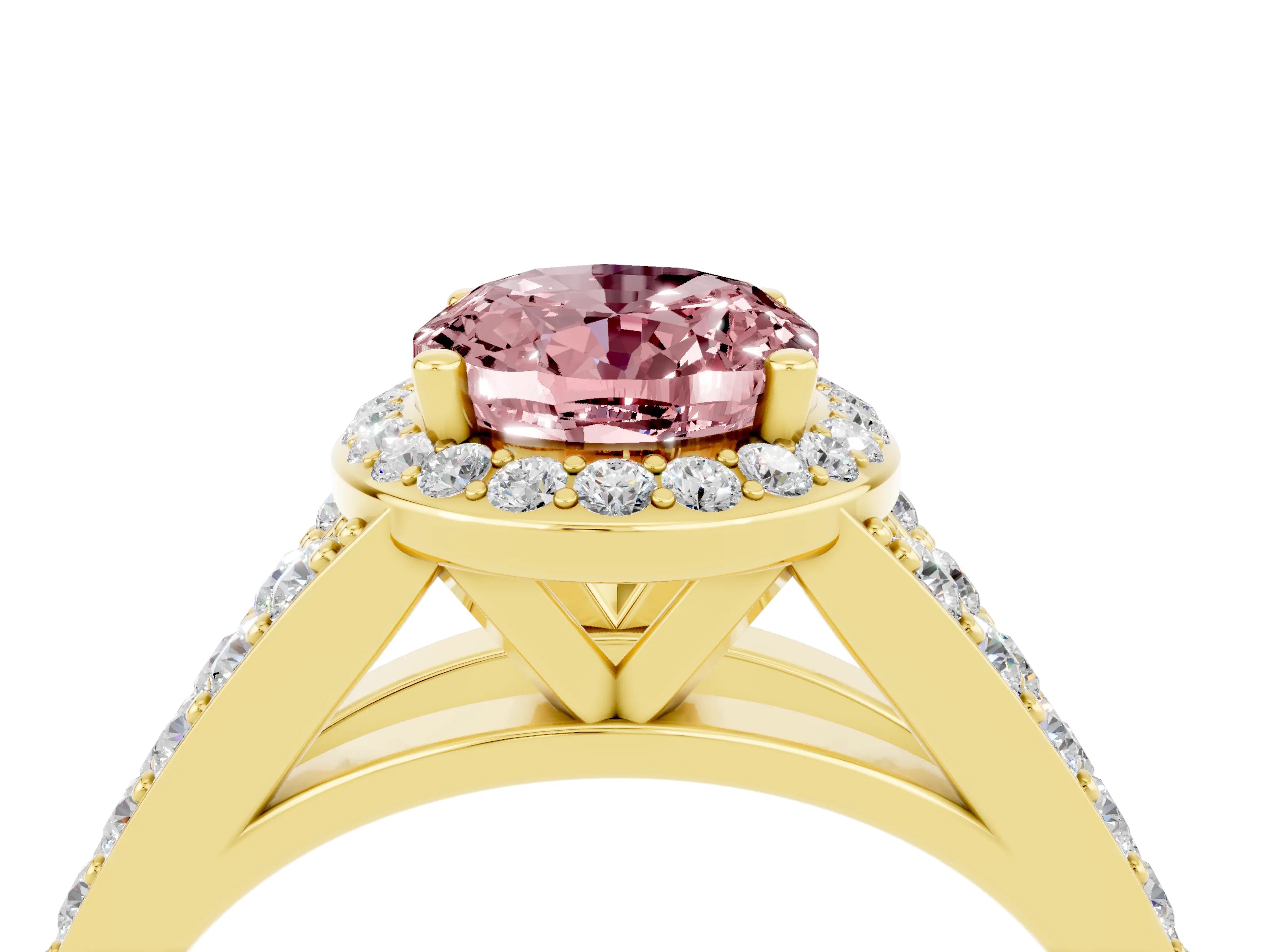 Yellow gold Oval Cut Morganite Split Shank Halo Ring with Four-Prong Setting_16