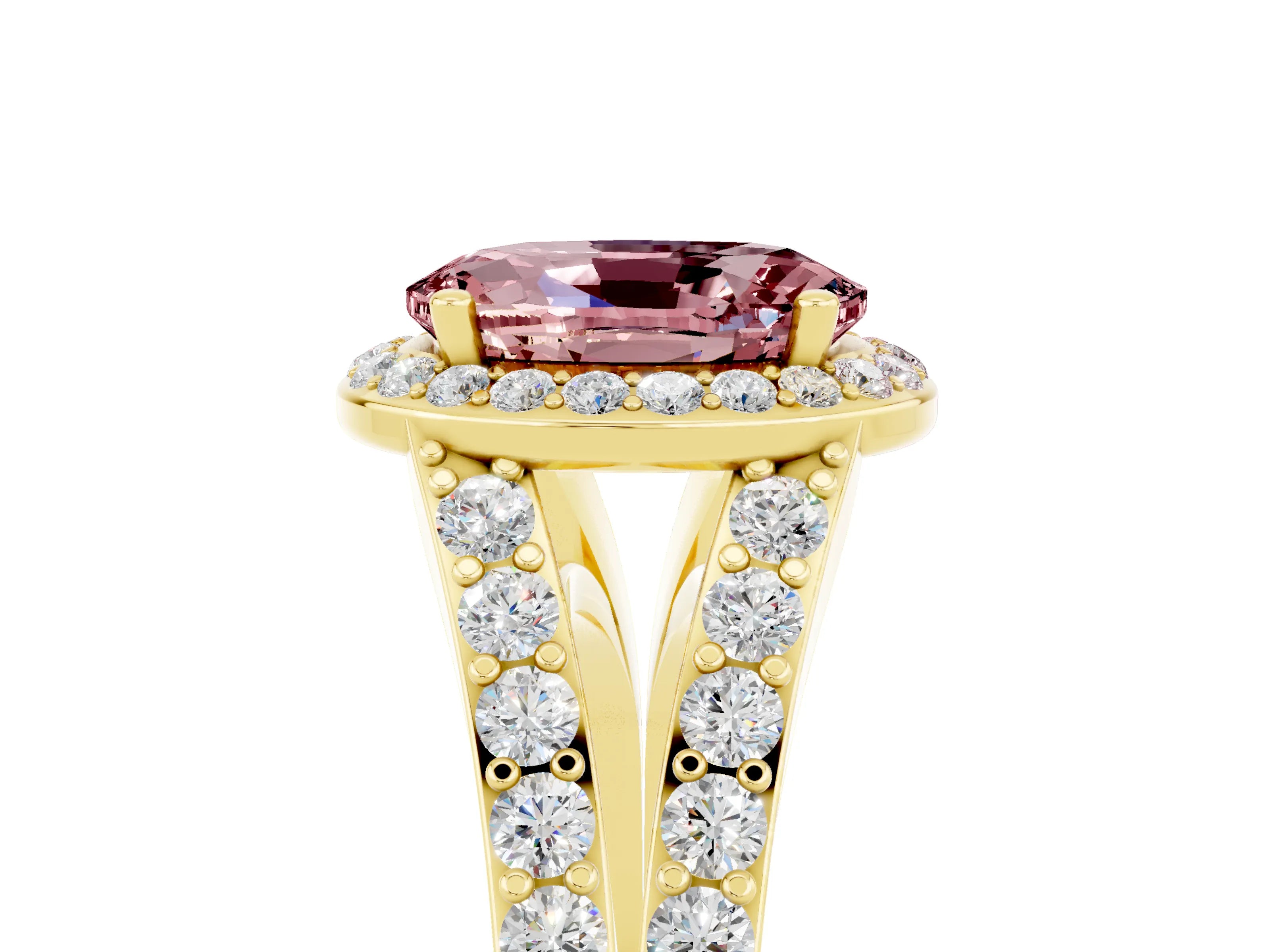 Yellow gold Oval Cut Morganite Split Shank Halo Ring with Four-Prong Setting_17